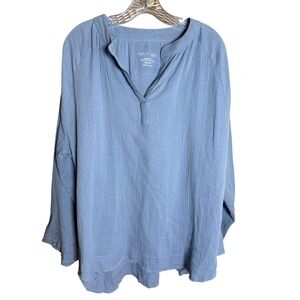 Karyn Seo Blouse Womens Medium Blue 100% Cotton Boho Gauze Split Neck Top